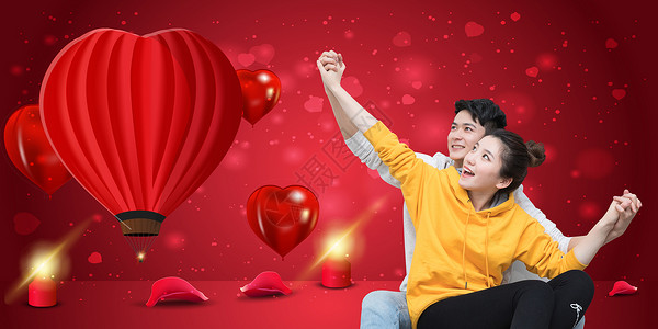 浪漫情人节女人坐热气球高清图片