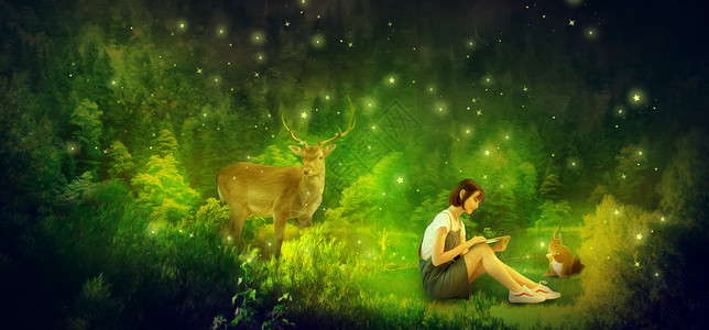 看书的动物梦幻森林设计图片