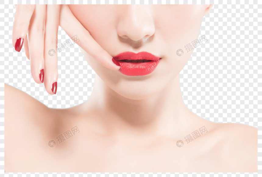 女性嘴部和红色美甲特写图片