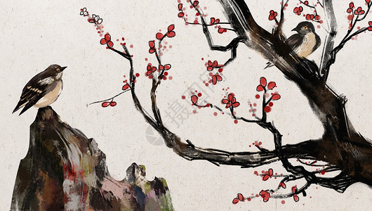 山石自然中国风花鸟插画