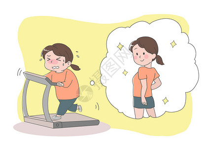 趴在跑步机上休息喝水的健身女性跑步减肥插画