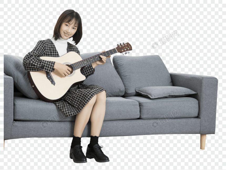居家文艺少女弹吉他图片