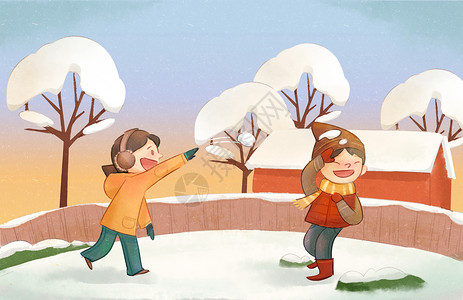 雪地手套打雪仗插画