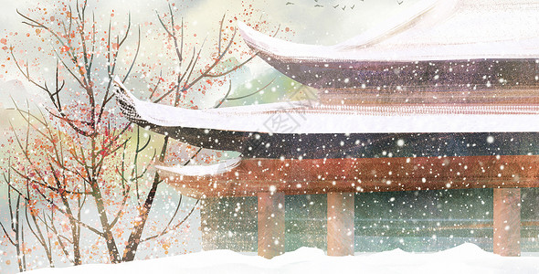 寺庙雪景二十四节气古风建筑场景插画