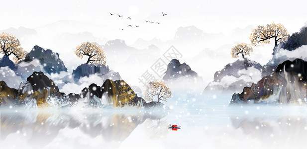 可爱的宠物雪貂新中式冬季水墨山水插画