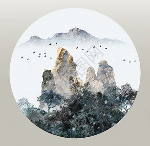 新中式圆形冬季水墨山水图片