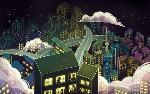 俯视夜景城市都市职场夜生活插画
