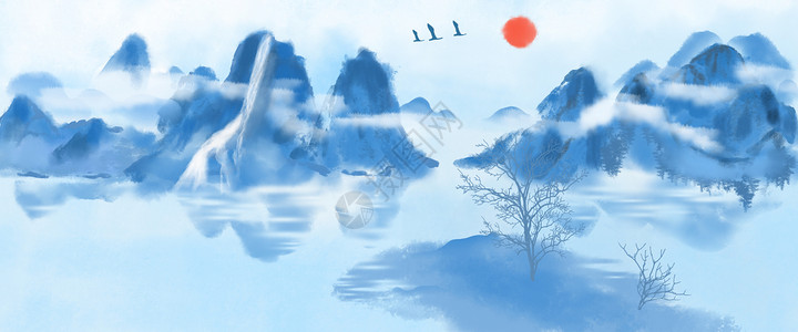 古风山河素材中国风手绘水墨风景山水画插画