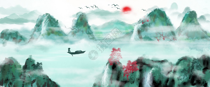写意船只中国风手绘水墨风景山水画插画