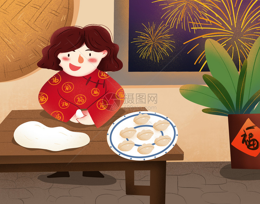 小清新手绘新年包饺子插画图片