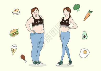 吃健康荔枝胖子和瘦子插画