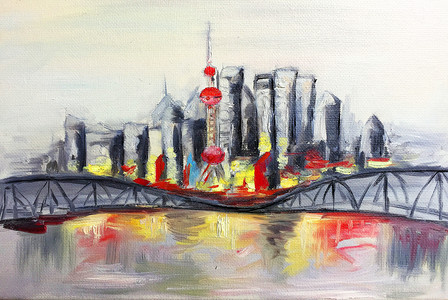 艺术都市东方明珠桥油画高清图片