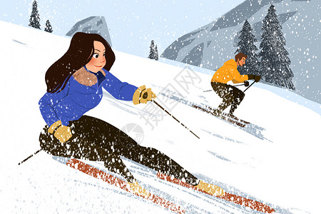 滑雪板与男孩滑雪插画