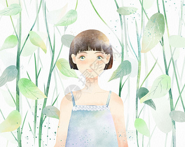 小清新短发少女站立于植物丛水彩手绘插画背景图片