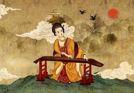 敦煌历史中国风女子弹琴插画