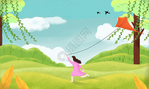 春天女孩放风筝插画背景图片