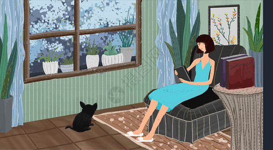 女性居家看书坐在沙发上的女人插画