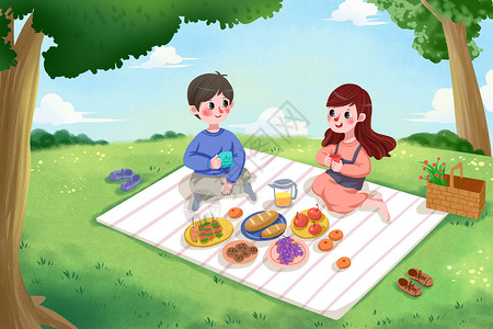 情侣外出春天野餐插画