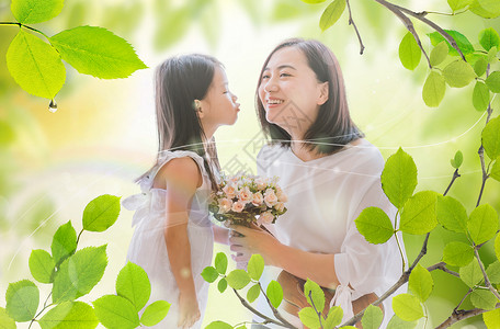 女儿亲吻着妈妈春天的亲情设计图片
