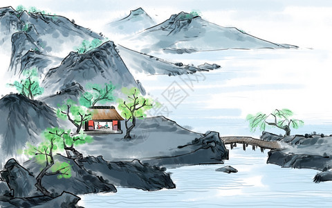 中国风春天风景画青苔山高清图片
