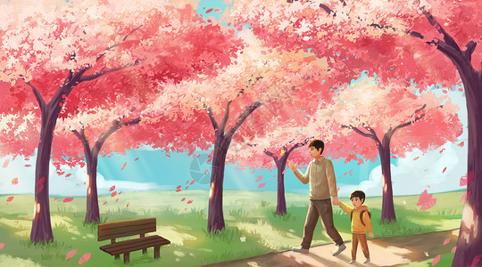春季樱花树樱花树下漫步的父子插画
