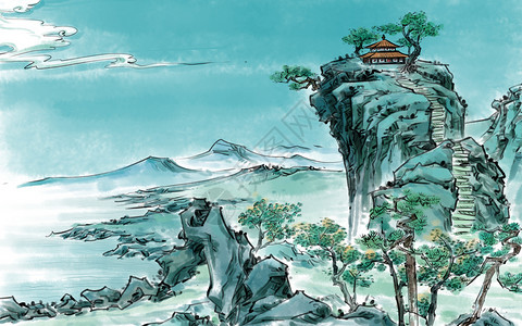 中国风春天山石树木高清图片