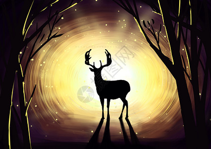夜晚森林鹿图片