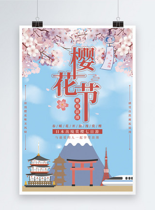 樱花与蓝天唯美浪漫樱花节日本旅游海报模板