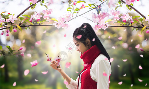 春天人物素材桃花树下的少女设计图片