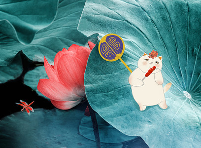 猪小福吃糖葫芦赏月的猫咪插画