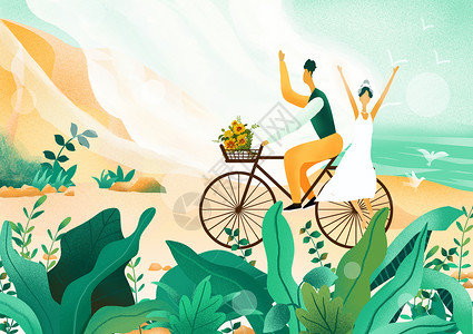 自行车恋人边框白色情人节插画