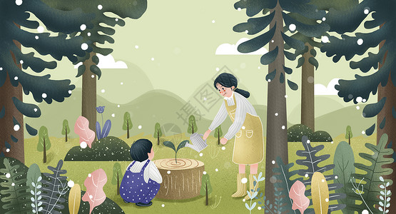 小清新亲子植树节插画背景图片