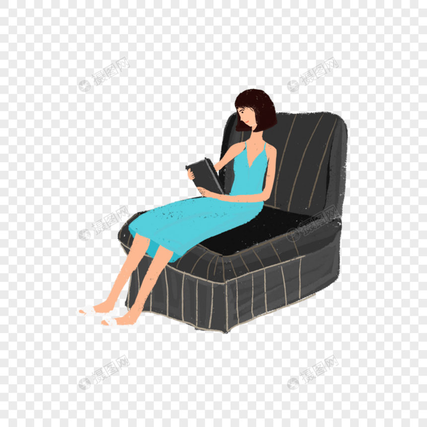 坐在沙发上看书的女孩图片