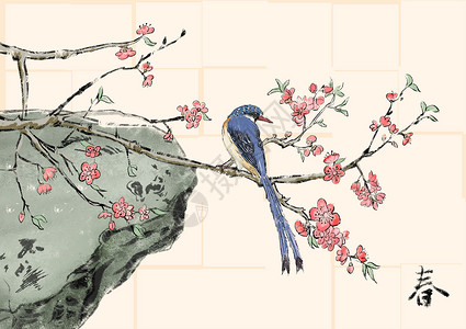 鸟栖息春天的鸟桃花插画