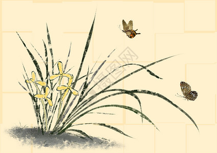 黄色瓷砖水墨兰花和蝴蝶插画