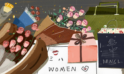礼盒与玫瑰花束妇女节礼物插画
