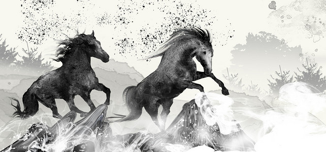马奔跑哒哒声水墨奔腾跑马手绘中国风骏马插画