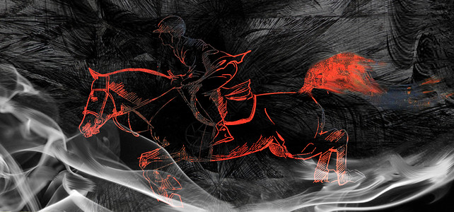 骑马中国手绘水墨奔腾跑马手绘中国风骏马插画