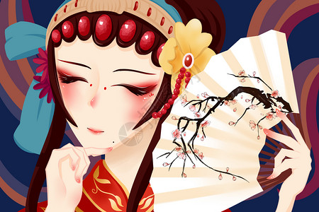 梅花暗纹扇子中国文化戏子插画
