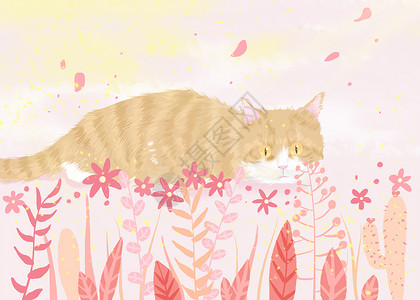 粉橘花丛里的橘猫插画