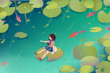 女生坐在鱼上面雨水插画