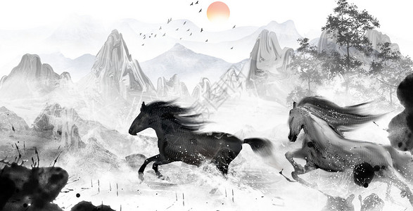 马奔跑哒哒声手绘水墨奔腾跑马手绘中国风骏马插画