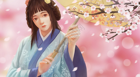 邂逅春天穿汉服赏樱花的中国古代女子插画