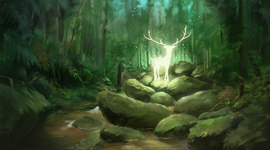 大自然精灵森林中的精灵麋鹿插画