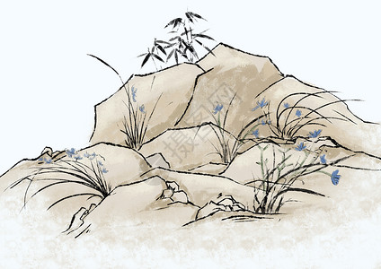 竹树水墨的植物插画