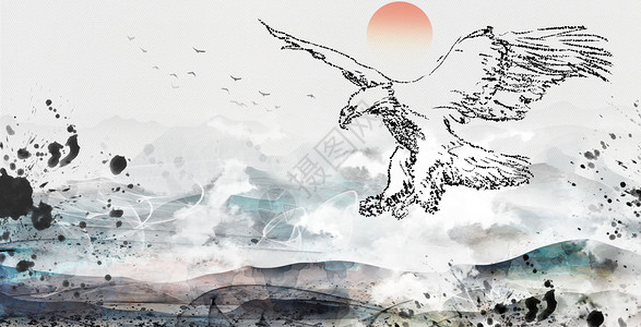 正能量花素材手绘老鹰水墨创意点绘中国风插画