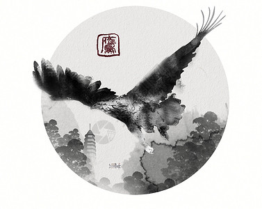 手绘老鹰水墨创意点绘中国风插画