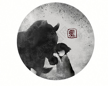 三牛精神水墨画女孩和马意境中国风插画