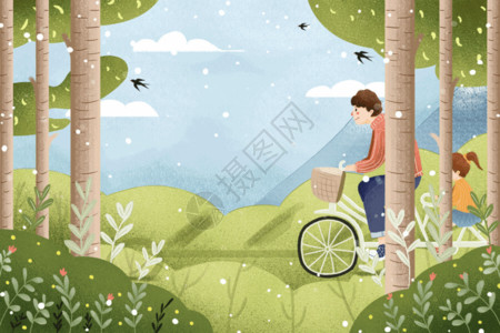 骑自行车出游小清新绿色春天郊游插画高清图片
