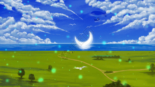 云与月光装饰画梦幻风景插画高清图片